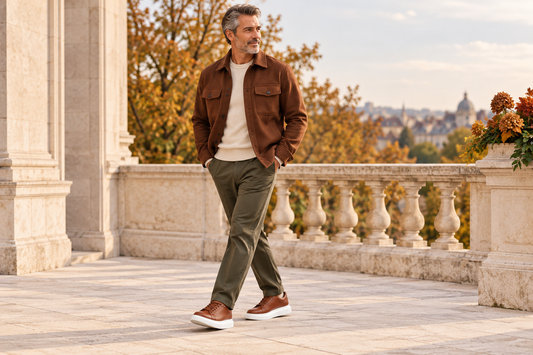 Man in a brown overshirt and olive trousers wearing brown sneakers on an autumn terrace