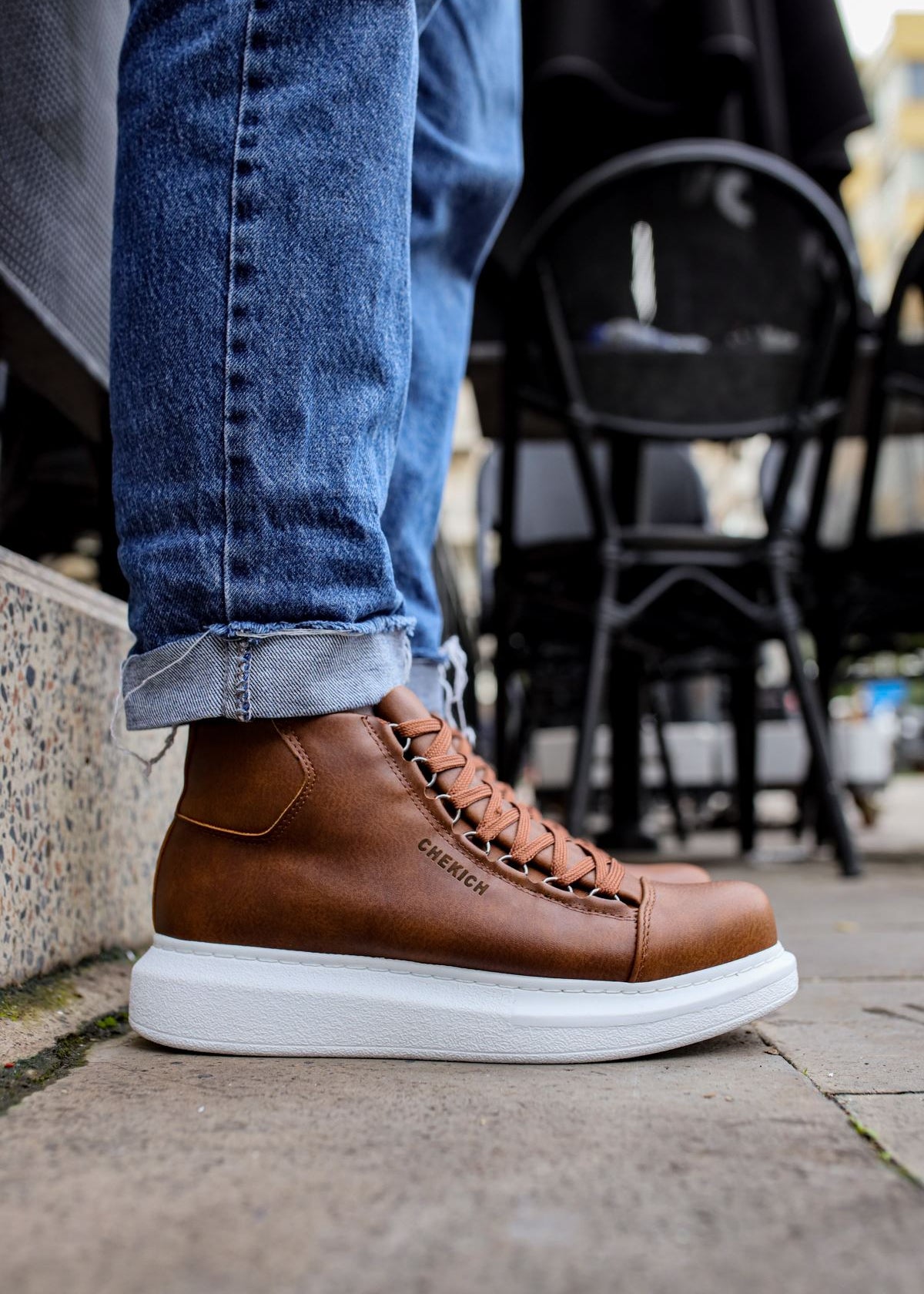 Kelly Rustic Rendezvous high-top boot in brown by Apollo Moda, worn with laces tied